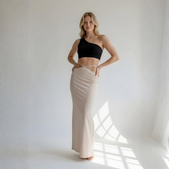 Fashion Nova ✦ Taupe Strappy High‑Waist Maxi Skirt ✦ Back Slit Body‑Skimming M - Picture 2 of 9